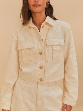 FARM Rio Off-White Twill Laser Crop Jacket with Gold Buttons - Size S